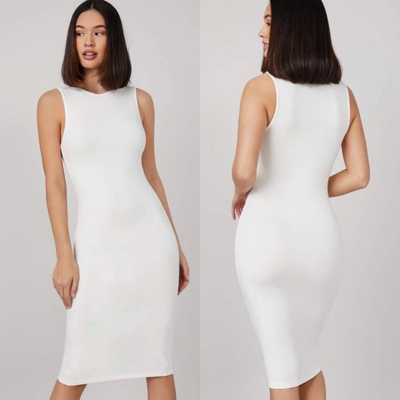 Minimalist high neck bodycon midi dress mocha tan - Picture 3 of 11